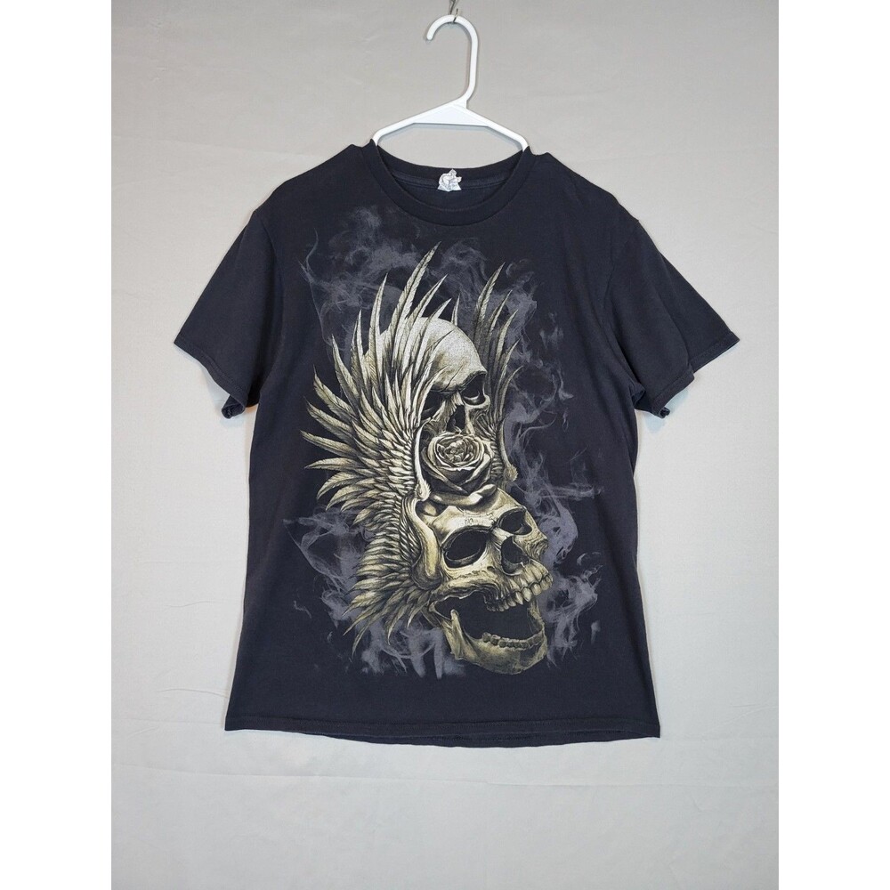 Y2K Black T-Shirt Mens Medium Skulls Rose Feather Front Graphic Grunge Goth Worn